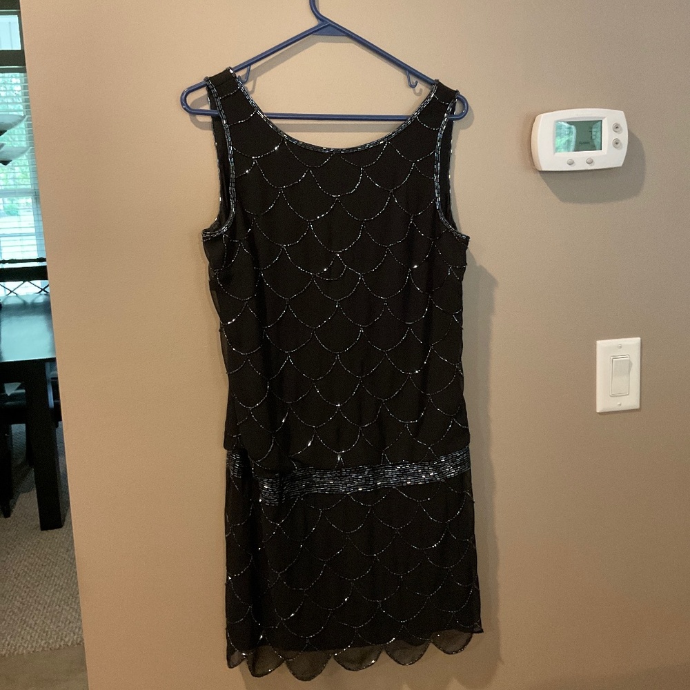 NWT Adrianna Papell Black Beaded Fish Scale Sleeveless Open Back Mini Dress